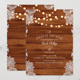 Rustic Wood Lace & String Lights Bridal Shower Invitation