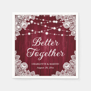 Rustic Wood Lace String Lights Burgundy Wedding Napkin