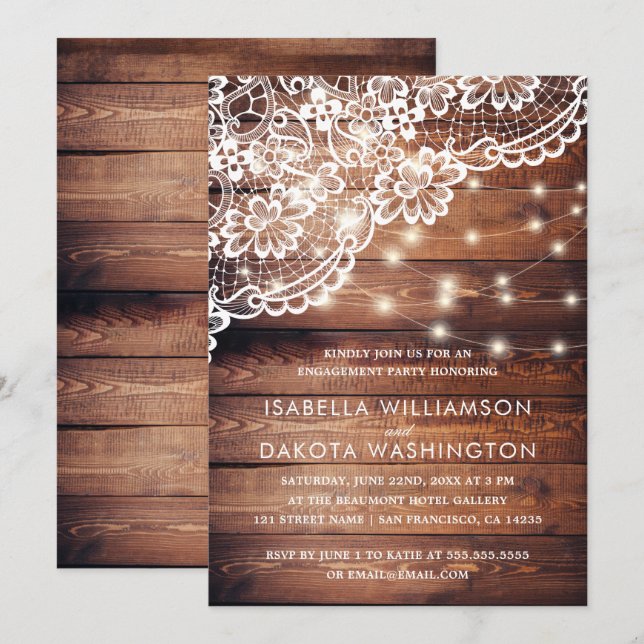 Rustic Wood Lace & String Lights Engagement Party Invitation (Front/Back)