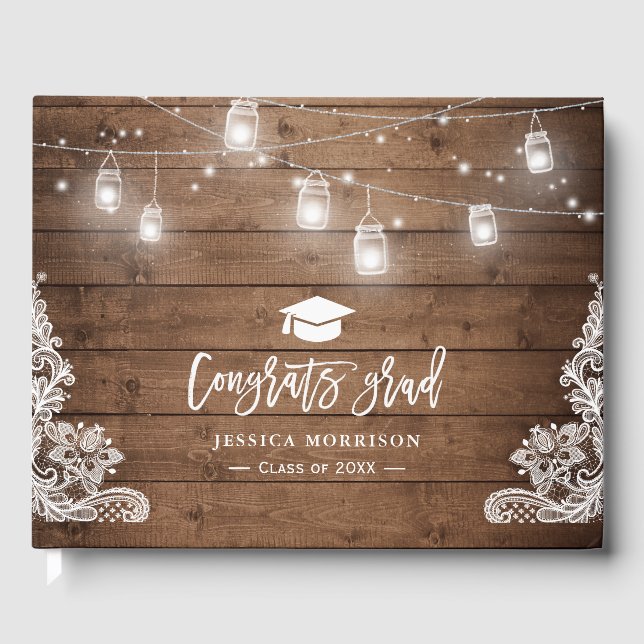 Rustic Wood Lace String Lights Graduate Graduation Guest Book (Front)