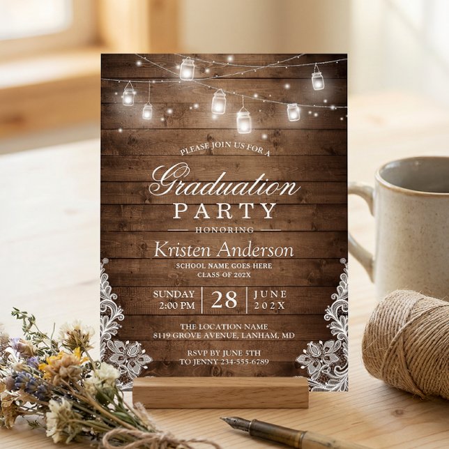 Rustic Wood Lace String Lights Graduation Party Invitation (Creator Uploaded)