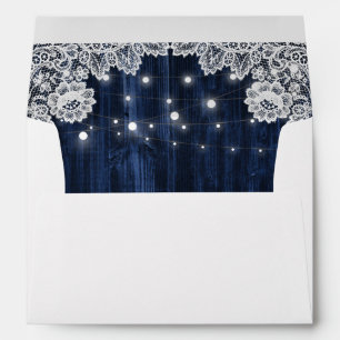 Rustic Wood Lace String Lights Navy Blue Wedding Envelope