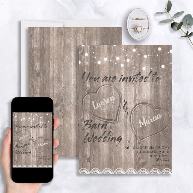 Rustic Wood Lace String Lights Script Wedding Invitation (Creator Uploaded)