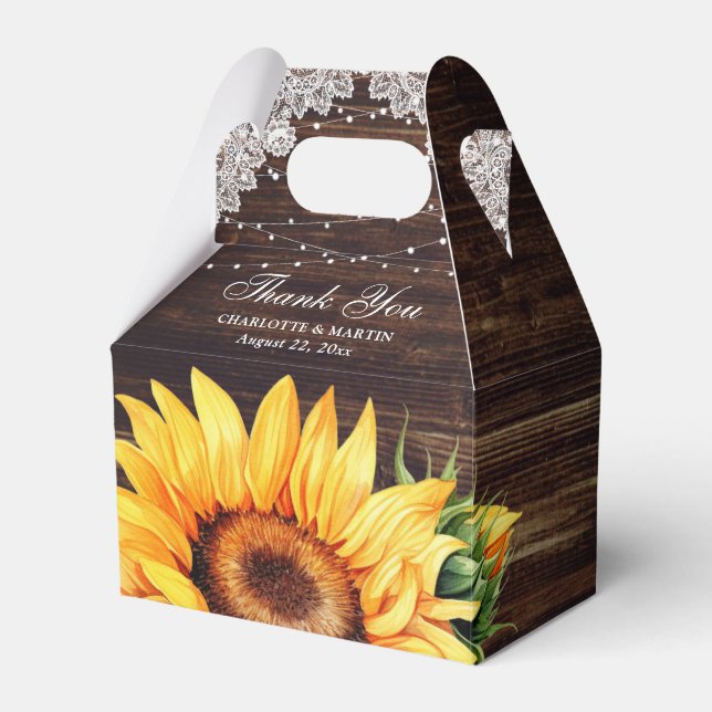 Rustic Wood Lace String Lights Sunflower Wedding Favor Box (Front Side)