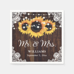 Rustic Wood Lace String Lights Sunflower Wedding Napkin