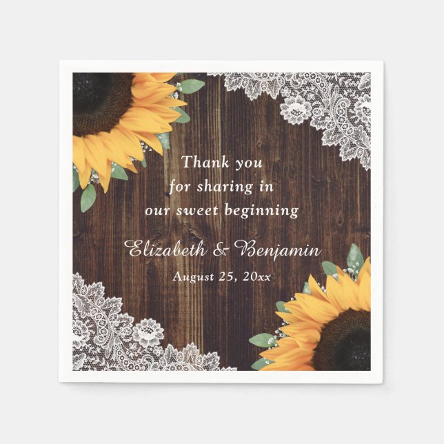Rustic Wood Lace String Lights Sunflower Wedding Napkin (Front)