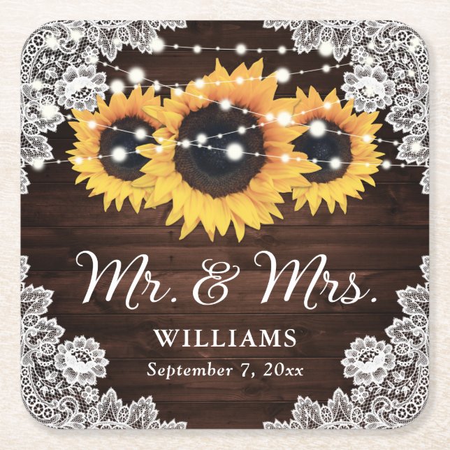 Rustic Wood Lace String Lights Sunflower Wedding Square Paper Coaster (Front)