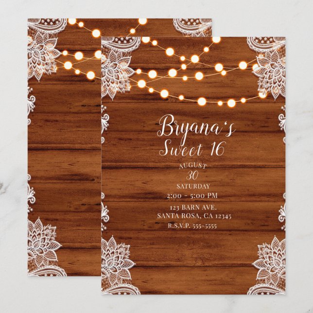 Rustic Wood Lace & String Lights Sweet 16 Party Invitation (Front/Back)
