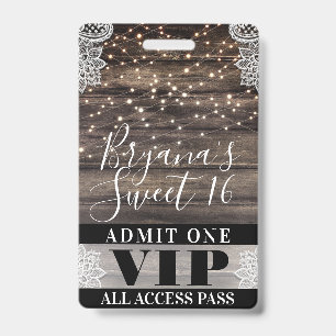 Rustic Wood & Lace String Lights Sweet 16 VIP Pass Badge