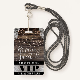 Rustic Wood & Lace String Lights Sweet 16 VIP Pass Badge