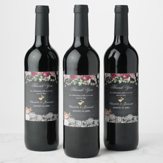 Rustic Wood Lace String Lights Thank You Wedding Wine Label (Bottles)