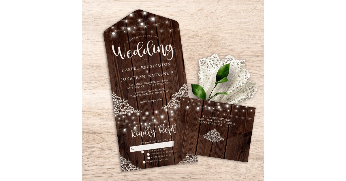 Rustic Wood Lace String Lights Wedding All In One Invitation | Zazzle