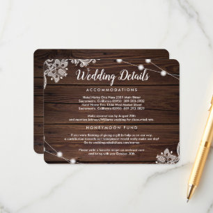 Rustic Wood Lace & String Lights Wedding Details Enclosure Card