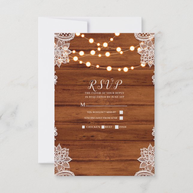 Rustic Wood Lace & String Lights Wedding RSVP (Front)