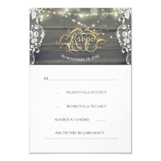 Rustic Wood Lace String Lights Wedding RSVP Card Rustic Wood Lace String Lights Wedding RSVP Card