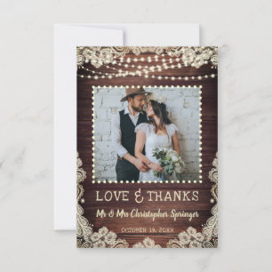 Rustic Wood Lace String Lights Wedding Thank You Card
