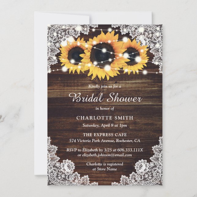 Rustic Wood Lace Sunflower Bridal Shower Invitation (Front)