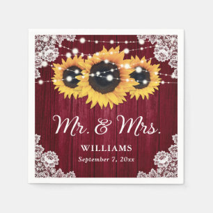 Rustic Wood Lace Sunflower Burgundy Wedding Napkin