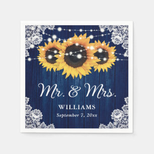 Rustic Wood Lace Sunflower Navy Blue Wedding Napkin