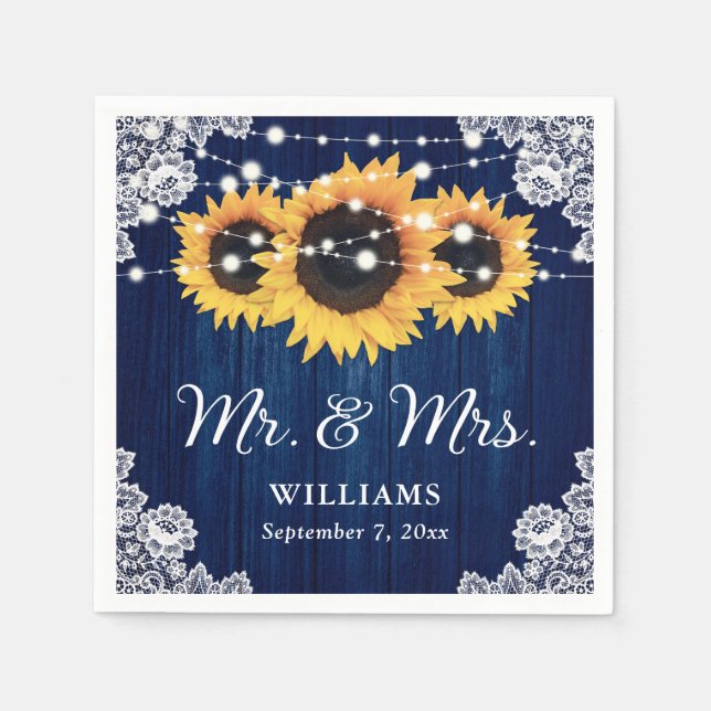 Rustic Wood Lace Sunflower Navy Blue Wedding Napkin (Front)