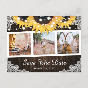 Rustic Wood Lace Sunflower Photo Save The Date Announcement Postcard