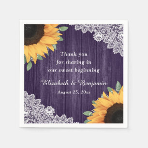 Rustic Wood Lace Sunflower Purple Wedding Napkin