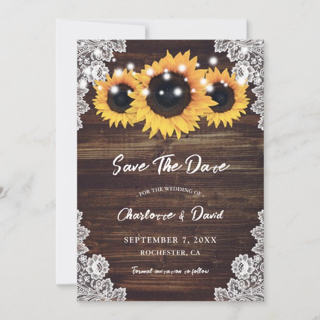 Rustic Wood Lace Sunflower Save The Date Card (Front)