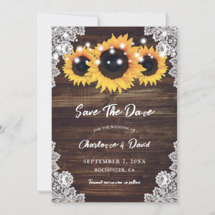 Rustic Wood Lace Sunflower Save The Date Card