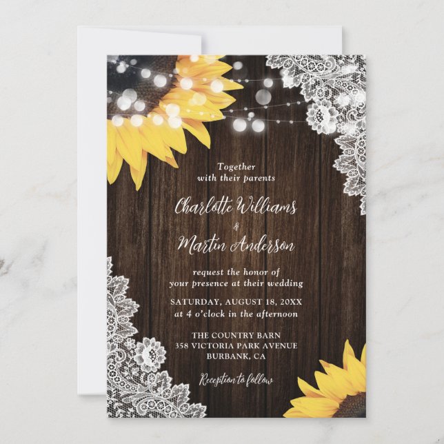 Rustic Wood Lace Sunflower Wedding Invitation (Front)