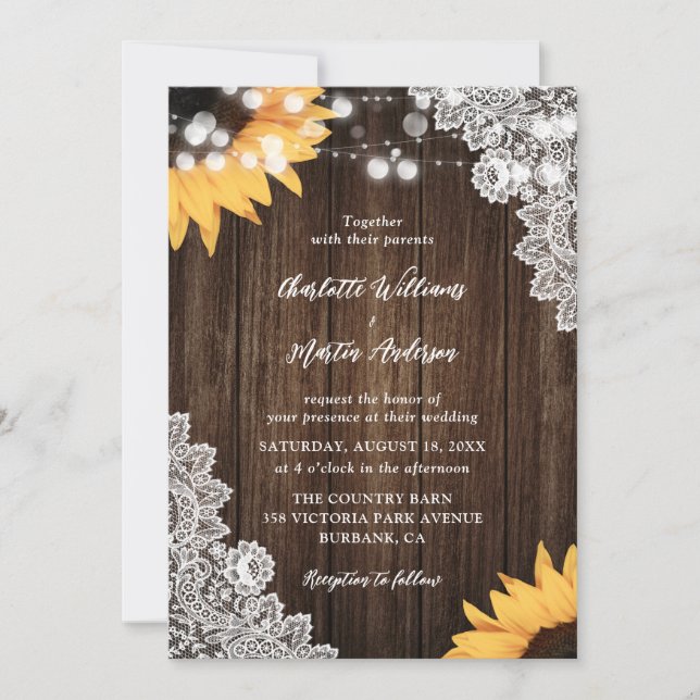Rustic Wood Lace Sunflower Wedding Invitations (Front)
