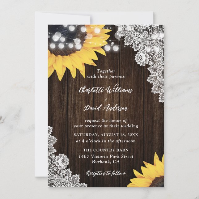Rustic Wood Lace Sunflower Wedding Invitations (Front)