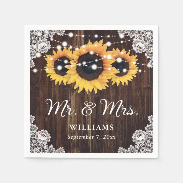 Rustic Wood Lace Sunflower Wedding Napkin (Front)