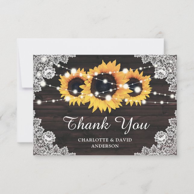 Rustic Wood Lace Sunflower Wedding Thank You Card (Front)