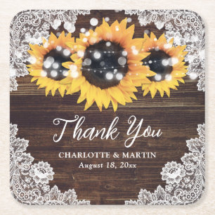 Rustic Wood Lace Sunflower Wedding Thank You Square Paper Coaster