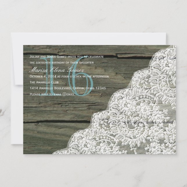 Rustic Wood Lace Sweet Sixteen Birthday Invitation (Front)