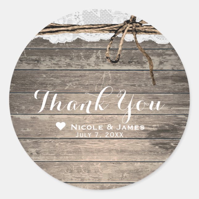 Rustic Wood Lace & Twine Romantic Wedding Favour Classic Round Sticker (Front)