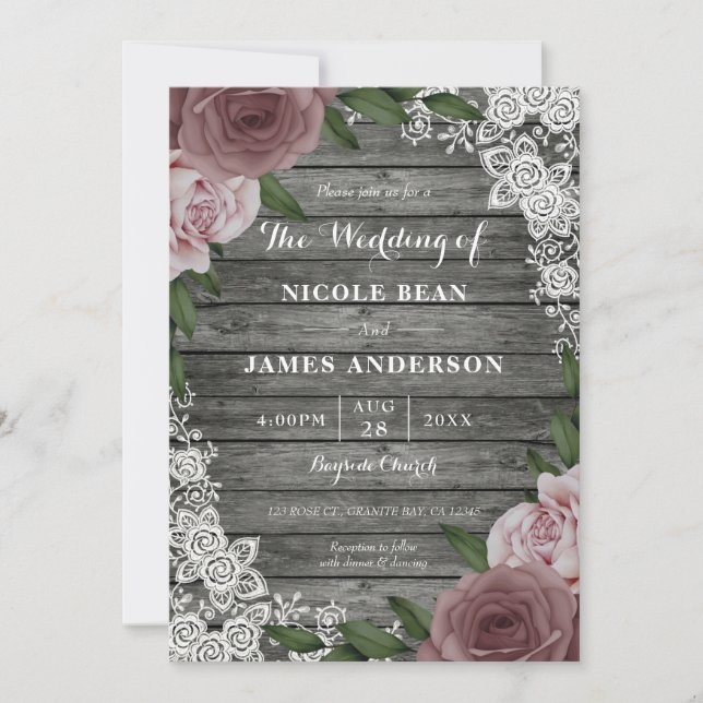 Rustic Wood Lace Wedding Floral Pink Roses Grey  Invitation (Front)