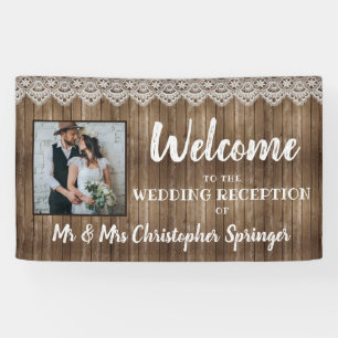 Rustic Wood Lace Wedding Reception Photo Banner