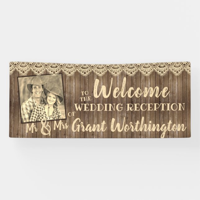 Rustic Wood & Lace Wedding Reception Photo Welcome Banner (Horizontal)