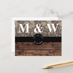 Rustic Wood & Lace Wedding Save the Date Announcement Postcard