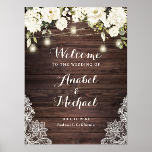 Rustic Wood Lace White Flower Welcome Sign
