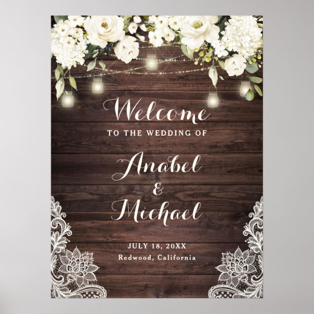 Rustic Wood Lace White Flower Welcome Sign (Front)