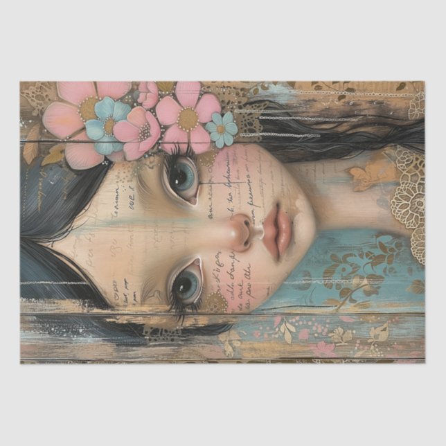 Rustic Wood, Lace, Wistful Girl, Flowers Decoupage Tissue Paper (Front)