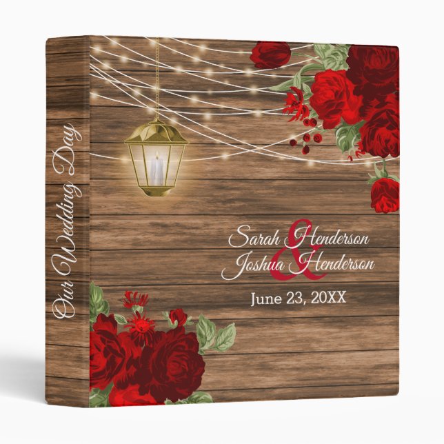 Rustic Wood, Lantern & Dark Red Flowers Binder (Front/Spine)