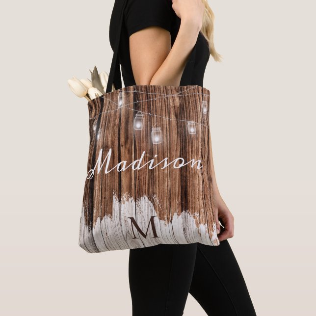 Rustic Wood Lanterns Bridesmaid Trendy Monogram Tote Bag (Close Up)