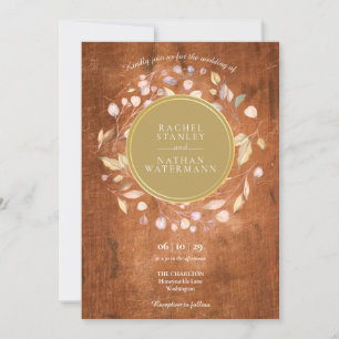 Rustic Wood Laurel Garland Faux Gold Foil Wedding Invitation