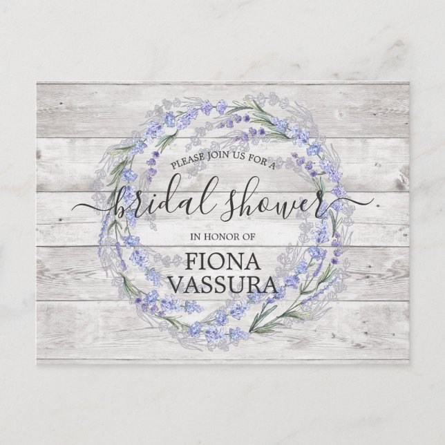 Rustic Wood Lavender Floral Bridal Shower Invitation Postcard (Front)