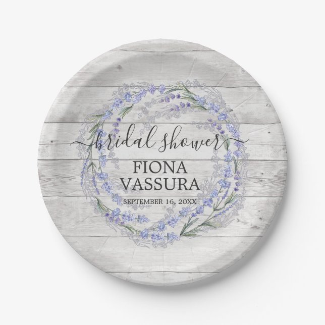 Rustic Wood Lavender Floral Wreath Baby Shower Paper Plate (Front)