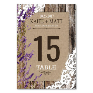 Rustic Wood Lavender Lace Wedding Table Card