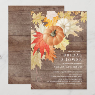 Rustic Wood Leaves & Pumpkins Autumn Bridal Shower Invitation